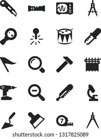 Solid Black Vector Icon Set - zoom out vector, wind direction indicator, mercury thermometer, drum, building trowel, drill, long meashuring tape, construction level, putty knife, stationery, hammer