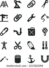 Solid Black Vector Icon Set - scissors vector, clip, safety pin, iron fork spoons, crane, hook, adjustable wrench, ladder, sewerage, knife, anchor, tin, power line, canister, welding, gas, luck