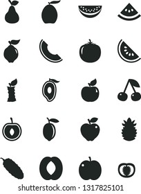 Solid Black Vector Icon Set - cucumber vector, pear, cherry, apple, quince, apricot, red, slice of melon, water, half mango, loquat, peach, lemon, ripe pineapple, stub, persimmon, tomato