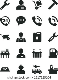 Solid Black Vector Icon Set - builder vector, workman, building trolley, hammer, speech, 24, phone call, shipment, gas station, battery, industrial enterprise, canister of oil, repair key, steel