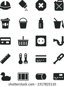 Solid Black Vector Icon Set - mark of injury vector, yardstick, grocery basket, bank card, feeding bottle, baby powder, electronic thermometer e, rubber duck, children's sand set, window frame, pipe