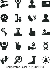 Solid Black Vector Icon Set - woman vector, footprints, employee, index finger, pass card, lens, get a wage, dna, bactery, artifical insimination, winner podium, carrer stairway, man hold world