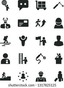 Solid Black Vector Icon Set - cargo trolley vector, builder, pass card, racer, welding, gas, woman, think, scientist, winner, man arrow up, carrer stairway, hold world, with medal, flag, ladder