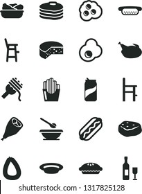 Solid Black Vector Icon Set - plates and spoons vector, a chair for feeding, child, stick of sausage, cheese, Hot Dog, mini, spaghetti, pie, lettuce in plate, chicken, grill leg, piece meat, egg
