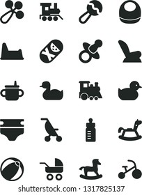 Solid Black Vector Icon Set - dummy vector, mug for feeding, bottle, diaper, baby bib, beanbag, rattle, car child seat, carriage, summer stroller, rubber duck, duckling, bath ball, tumbler, small
