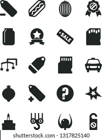 Solid Black Vector Icon Set - add label vector, remove, question, toys over the cot, winch hook, car, Hot Dog, birthday cake, medlar, melon, physalis, jar, season sale, sd card, bang, medal