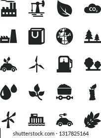 Solid Black Vector Icon Set - bag with handles vector, apple stub, working oil derrick, leaves, leaf, gas station, windmill, wind energy, hydroelectric, trees, forest, industrial building, drop, CO2