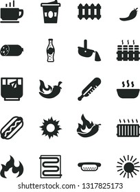 Solid Black Vector Icon Set - mercury thermometer vector, heating coil, radiator, new, coffee, sausage, Hot Dog, mini, porridge, chili, coffee to go, a glass of tea, bottle soda, red pepper, aluminum