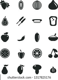 Solid Black Vector Icon Set - mini hot dog vector, mushroom, a bowl of rice porridge, barbecue, sandwich, cherry, branch grape, red apple, fig, water melon, mango, date fruit, sweet, juicy lemon