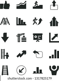 Solid Black Vector Icon Set - downward direction vector, growth up, chart, positive histogram, tower crane, stepladder, ladder, left bottom arrow, thumb, move, bar, financial report, man, graph