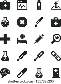 Solid Black Vector Icon Set - mark of injury vector, spectacles, first aid kit, plus, electronic thermometer e, mercury, medical bag, temperature, cardiogram, round flask, test tube, brain, pipette