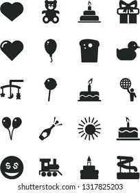 Solid Black Vector Icon Set - heart symbol vector, toys over the cradle, baby duckling, teddy bear, toy train, colored air balloons, balloon, cake, birthday, Easter, Chupa Chups, gift, dollar eyes