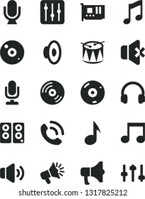Solid Black Vector Icon Set - desktop microphone vector, loudspeaker, drum, music, CD, regulator, volume, no sound, phone call, megaphone, pc card, headphones, speaker, note, settings