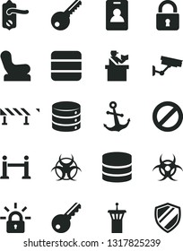 Solid Black Vector Icon Set - prohibition vector, Baby chair, key, door knob, road fence, lock, anchor, big data, encrypting, biohazard, airport tower, rope barrier, identity card, passort control