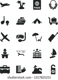 Solid Black Vector Icon Set - suitcase vector, passport, sand castle, plane, rolling case, hotel, tent, beach, arnchair under umbrella, palm tree, hawaii wreath, diving mask, surfing, baggage, golf