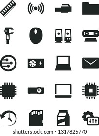 Solid Black Vector Icon Set - package vector, caliper, notebook pc, mouse, power supply, cpu, memory, web camera, speaker, network, folder, lan connector, wireless, projector, sd card, mail, history