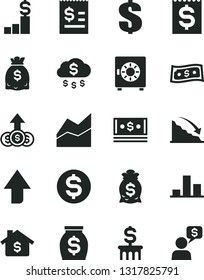 Solid Black Vector Icon Set - upward direction vector, dollar, line chart, strongbox, recession, article on the, financial item, money, dollars, cash, rain, mortgage, pedestal, bag, column, growth
