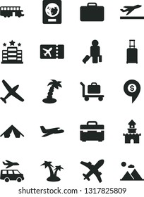 Solid Black Vector Icon Set - suitcase vector, sand castle, dollar pin, plane, bus, passenger, rolling, passport, ticket, departure, tent, palm tree, baggage, hotel, transfer, mountains