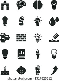 Solid Black Vector Icon Set - matte light bulb vector, children's hairdo, box of bricks, cake, brickwork, saving, drawing, honeycombs, drop, energy, book on statistics, brain, flame torch, arrow up