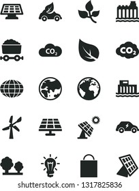 Solid Black Vector Icon Set - sign of the planet vector, paper bag, solar panel, big, leaves, leaf, wind energy, hydroelectric station, hydroelectricity, trees, eco car, electric transport, CO2, sun
