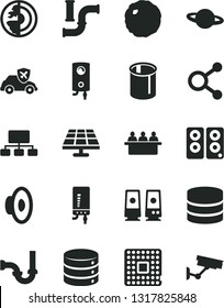Solid Black Vector Icon Set - loudspeaker vector, sewerage, boiler, electronic, big data, planet, cabbage, solar panel, water pipes, autopilot, processor, court hearing, connections, scheme