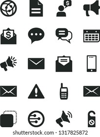 Solid Black Vector Icon Set - warning vector, envelope, scribbled paper, received letter, speech, smartphone, megaphone, copy, loudspeaker, wall calendar, mobile phone, network, mail, dialog, money
