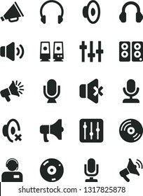 Solid Black Vector Icon Set - desktop microphone vector, horn, loudspeaker, silent mode, headphones, CD, regulator, volume, no sound, operator, megaphone, pc speaker, settings