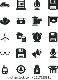 Solid Black Vector Icon Set - desktop microphone vector, floppy disk, hat, camera roll, toy mobile phone, abacus, estimate, alarm clock, windmill, retro car, vintage sign, man in sight, loudspeaker
