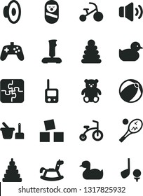 Solid Black Vector Icon Set - loudspeaker vector, rubber duck, baby duckling, bath ball, stacking rings, toy, roly poly doll, phone, sand set, small teddy bear, rocking horse, cubes for children