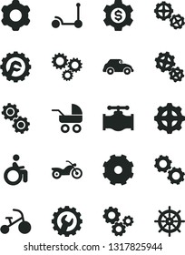 Solid Black Vector Icon Set - truck lorry vector, baby carriage, tricycle, Kick scooter, gears, cogwheel, gear, star, valve, retro car, three, dollar, motorcycle, disabled, handwheel