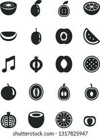 Solid Black Vector Icon Set - music vector, orange slice, half apricot, pomegranate, of medlar, peach, melon, tangerine, loquat, cherry, passion fruit, kiwi, sour lime, guawa, piece coconut, tomato