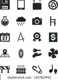 Solid Black Vector Icon Set - daily calendar vector, camera, open pin, rainy cloud, a chair for feeding, traffic signal, map, sweet date fruit, fan screw, round flask, accumulator, scribed compasses