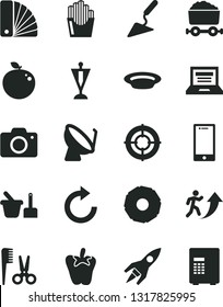 Solid Black Vector Icon Set - laptop vector, camera, clockwise, accessories for a hairstyle, toy sand set, building trowel, color samples, smartphone, plate, pepper, fried potato slices, rocket, aim