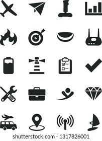 Solid Black Vector Icon Set - briefcase vector, check mark, small tools, survey, piece of coconut, charge level, lighthouse, geolocation, router, wireless, joystick, flame, growth graph, target