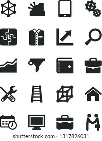 Solid Black Vector Icon Set - monitor window vector, purse, growth chart, Puzzles, house, small tools, stepladder, suitcase, folded shirt, gears, water filter, cashbox, tablet pc, schedule clock