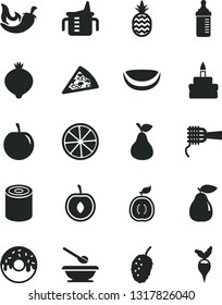 Solid Black Vector Icon Set - measuring cup for feeding vector, bottle, plates and spoons, tin, piece of pizza, noodles, birthday cake, glazed with a hole, chili, pineapple, pear, medlar, plum