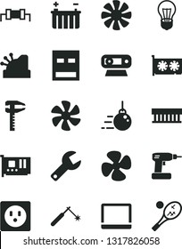 Solid Black Vector Icon Set - repair key vector, big core, cordless drill, marine propeller, fan screw, battery, bulb, socket, welding, calipers, cashbox, notebook pc, radiator, card, gpu, usb