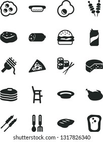 Solid Black Vector Icon Set - a chair for feeding child vector, iron fork spoons, sausage, cheese, fried vegetables on sticks, piece of pizza, mini hot dog, burger, spaghetti, plate, chicken, chop