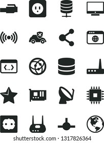 Solid Black Vector Icon Set - power socket type b vector, f, star, screen, big data server, autopilot, satellite dish, connection, cpu, pc card, router, network, browser, connect, coding, wireless
