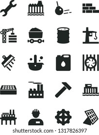 Solid Black Vector Icon Set - tower crane vector, workman, brick wall, spatula, hammer, core, barrel, hydroelectric station, hydroelectricity, industrial building, enterprise, gear, canister of oil