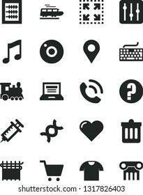 Solid Black Vector Icon Set - camera vector, laptop, keyboard, question, new abacus, dust bin, heart, music, regulator, T shirt, phone call, size, cloth industry, location, dna, syringe, train, cart
