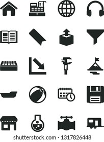 Solid Black Vector Icon Set - bookmark vector, negative chart, baby bath ball, house, brick, book, earth, unpacking, valve, caliper, kiosk, filter, agenda, cash machine, headphones, floppy, flask