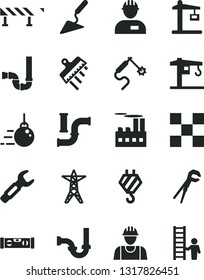 Solid Black Vector Icon Set - crane vector, builder, workman, hook, big core, building trowel, adjustable wrench, siphon, sewerage, level, tile, spatula, road fence, water pipes, power line