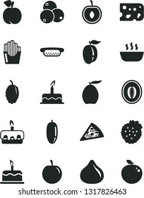 Solid Black Vector Icon Set - cake vector, piece of cheese, pizza, mini hot dog, torte, porridge, fried potato slices, strawberries, peach, fig, blueberries, mulberry, loquat, half melon, date fruit