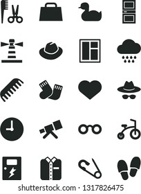 Solid Black Vector Icon Set - heart symbol vector, hat, with glasses, open pin, rubber duck, accessories for a hairstyle, comb, cloud, warm socks, child bicycle, window, interroom door, dangers