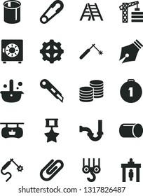 Solid Black Vector Icon Set - safety pin vector, tower crane, winch hook, ladder, sewerage, stationery knife, strongbox, coins, clip, gear, pipe, pipes, welding, gas, metallurgy, ink pen, hero