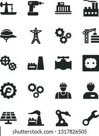 Solid Black Vector Icon Set - tower crane vector, builder, workman, gears, cordless drill, power socket type f, helmet, star gear, solar panel, oil derrick, valve, factory, hydroelectric station