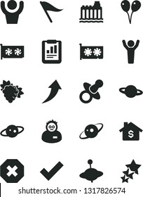 Solid Black Vector Icon Set - mark of injury vector, wind direction indicator, check, dummy, yule, colored air balloons, planet, branch grape, hydroelectricity, statistical report, gpu card, saturn