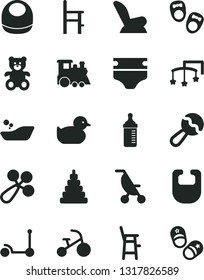 Solid Black Vector Icon Set - toys over the cot vector, measuring bottle for feeding, diaper, bib, baby, beanbag, rattle, car child seat, summer stroller, duckling, children's bathroom, stacking toy