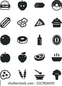 Solid Black Vector Icon Set - measuring bottle for feeding vector, plates and spoons, sausage, fried vegetables on sticks, piece of pizza, Hot Dog, burger, muffin, cake with a hole, glazed, porridge
